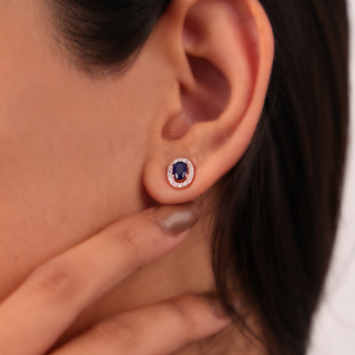 Rose Gold Oval Blue Stone Stud Earrings