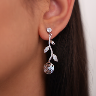 Silver Zircon Flower Leaf Earrings
