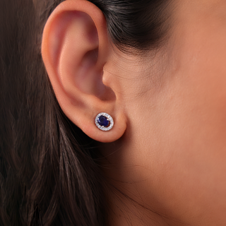 Silver Oval Blue Stone Stud Earrings