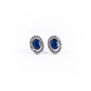 Silver Oval Blue Stone Stud Earrings