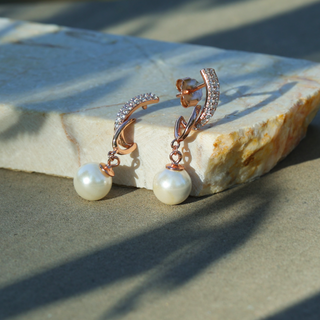 Rose Gold Zircon Drizzle Pearl Earrings